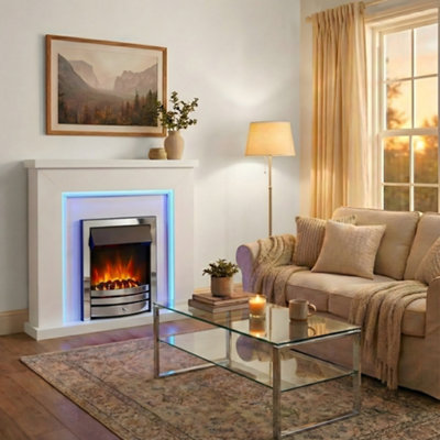 Endeavour Fires & Fireplaces Bempton Electric Fireplace SuiteGrey TopWhite HearthChrome Fire from B&Q