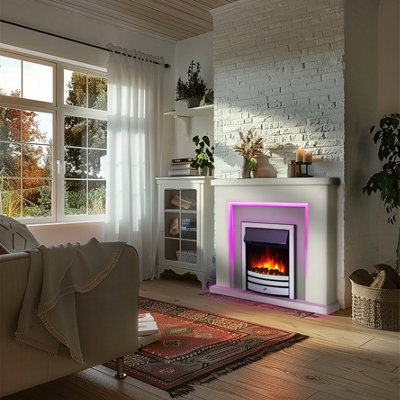 Endeavour Fires & Fireplaces Bempton Electric Fireplace SuiteWhite TopGrey HearthChrome Fire from B&Q