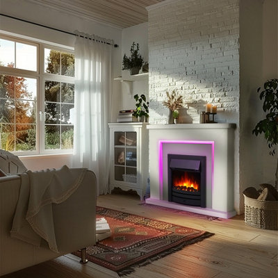 Endeavour Fires & Fireplaces Bempton Electric Fireplace SuiteWhite TopGrey HearthBlack Fire from B&Q