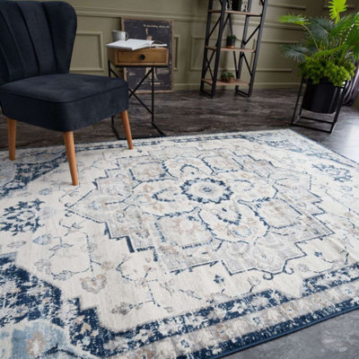 The Rugs Montana Navy Cream Oriental Area Rug And Runner Soft Durable Pet Friendly Easy To Clean Living Room Bedroom 4000 from B&Q
