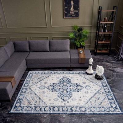 The Rugs Montana Navy Cream Oriental Area Rug And Runner Soft Durable Pet Friendly Easy To Clean Living Room Bedroom 4010 from B&Q