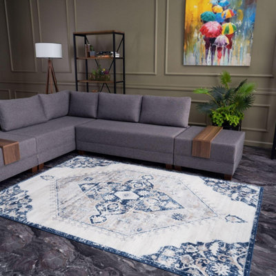 The Rugs Montana Navy Cream Oriental Area Rug And Runner Soft Durable Pet Friendly Easy To Clean Living Room Bedroom 4020 from B&Q