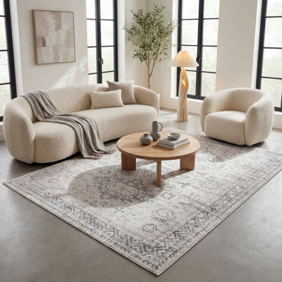 B&Q -  Montana Grey Cream Oriental Area Rug And Runner Soft Durable Pet Friendly Easy To Clean Living Room Bedroom 4050