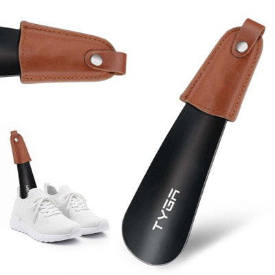 TYGA Store Tyga Metal Shoe HornShort 17Cm Shoehorn Lazy Shoe HelperSmall Shoe Horns With Leather Handle StrapBlack (Pack Of 1) from B&Q