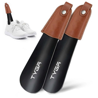 TYGA Store Tyga Metal Shoe HornShort 17Cm Shoehorn Lazy Shoe HelperSmall Shoe Horns With Leather Handle StrapBlack (Pack Of 2) from B&Q