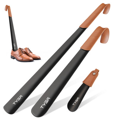 TYGA Store Tyga Metal Shoe Horn Set (17Cm42Cm & 58Cm) Extra Long Handled Shoehorn With Leather Handle StrapBlack (Set Of 3) from B&Q