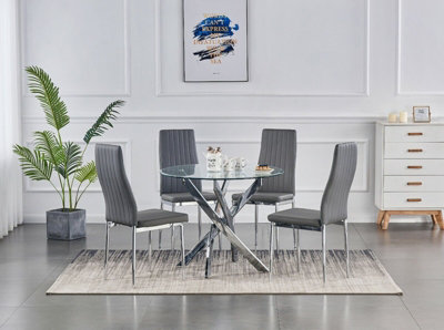 B&Q -  Rolex 4-Seater 100Cm Round Clear Glass Dining Table And 4 Monza Grey Chairs Faux Leather Chairs