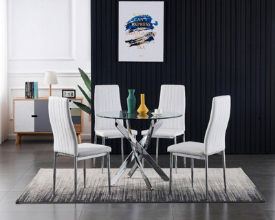 B&Q -  Rolex 4-Seater 100Cm Round Clear Glass Dining Table And 4 Monza White Chairs Faux Leather Chairs