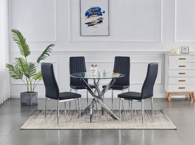 B&Q -  Rolex 4-Seater 100Cm Round Clear Glass Dining Table And 4 Monza Black Chairs Faux Leather Chairs