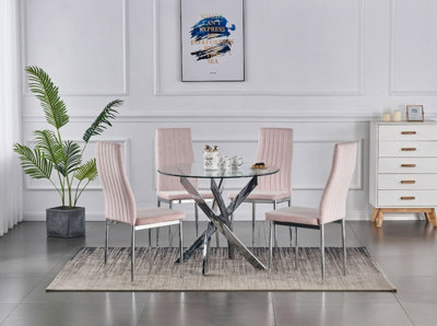 B&Q -  Rolex 4-Seater 100Cm Round Clear Glass Dining Table And 4 Monza Pink Velvet Chairs