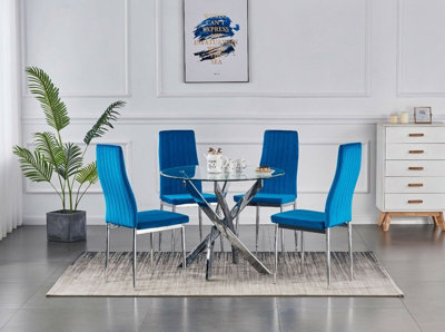 B&Q -  Rolex 4-Seater 100Cm Round Clear Glass Dining Table And 4 Monza Blue Velvet Chairs