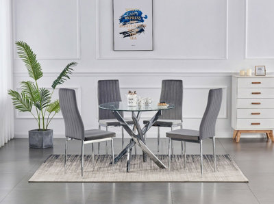 B&Q -  Rolex 4-Seater 100Cm Round Clear Glass Dining Table And 4 Monza Grey Velvet Chairs