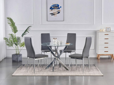 B&Q -  Nexus 4-Seater 90Cm Round Clear Glass Dining Table And 4 Monza Grey Chairs Faux Leather Chairs