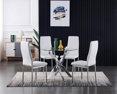 B&Q -  Nexus 4-Seater 90Cm Round Clear Glass Dining Table And 4 Monza White Chairs Faux Leather Chairs
