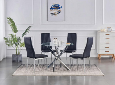 B&Q -  Nexus 4-Seater 90Cm Round Clear Glass Dining Table And 4 Monza Black Chairs Faux Leather Chairs