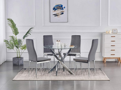 B&Q -  Nexus 4-Seater 90Cm Round Clear Glass Dining Table And 4 Monza Grey Velvet Chairs