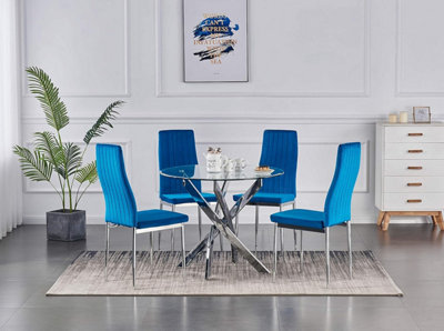 B&Q -  Nexus 4-Seater 90Cm Round Clear Glass Dining Table And 4 Monza Blue Velvet Chairs