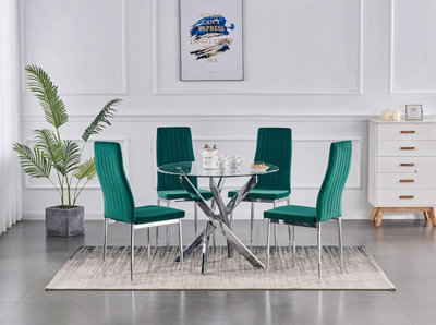 B&Q -  Nexus 4-Seater 90Cm Round Clear Glass Dining Table And 4 Monza Green Velvet Chairs