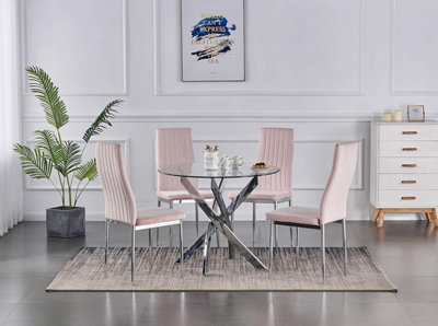 B&Q -  Nexus 4-Seater 90Cm Round Clear Glass Dining Table And 4 Monza Pink Velvet Chairs