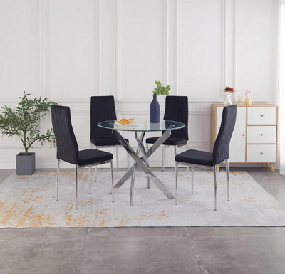 B&Q -  Nexus 4-Seater 90Cm Round Clear Glass Dining Table And 4 Monza Black Velvet Chairs