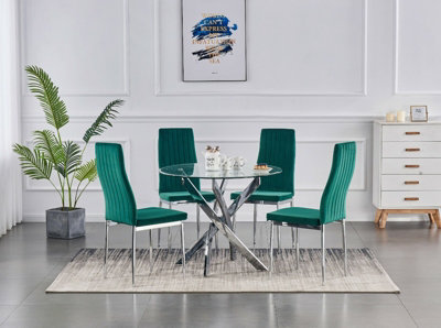 B&Q -  Rolex 4-Seater 100Cm Round Clear Glass Dining Table And 4 Monza Green Velvet Chairs