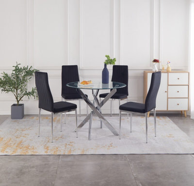 B&Q -  Rolex 4-Seater 100Cm Round Clear Glass Dining Table And 4 Monza Black Velvet Chairs