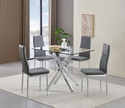 B&Q -  Rexel 4-Seater 120Cm Rectangular Clear Glass Dining Table And 4 Monza Grey Chairs Faux Leather Chairs
