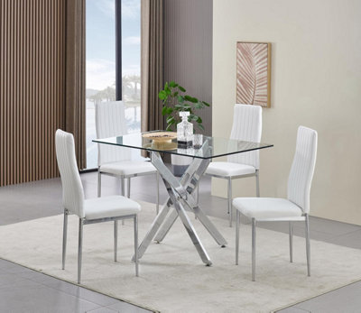 B&Q -  Rexel 4-Seater 120Cm Rectangular Clear Glass Dining Table And 4 Monza White Chairs Faux Leather Chairs