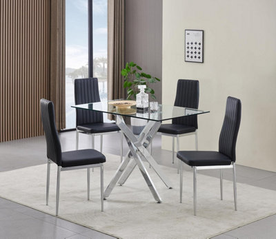 B&Q -  Rexel 4-Seater 120Cm Rectangular Clear Glass Dining Table And 4 Monza Black Chairs Faux Leather Chairs
