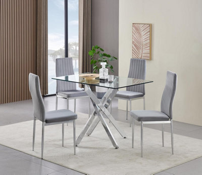 B&Q -  Rexel 4-Seater 120Cm Rectangular Clear Glass Dining Table And 4 Monza Grey Velvet Chairs