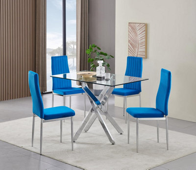 B&Q -  Rexel 4-Seater 120Cm Rectangular Clear Glass Dining Table And 4 Monza Blue Velvet Chairs