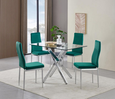 B&Q -  Rexel 4-Seater 120Cm Rectangular Clear Glass Dining Table And 4 Monza Green Velvet Chairs