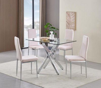 B&Q -  Rexel 4-Seater 120Cm Rectangular Clear Glass Dining Table And 4 Monza Pink Velvet Chairs