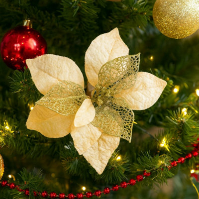 - 2 Pack Clip-On Poinsettia Flower Christmas Decorations 10Inch