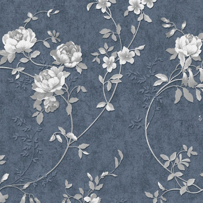 Muriva Floral Mica Effect Embossed Wallpaper Blue