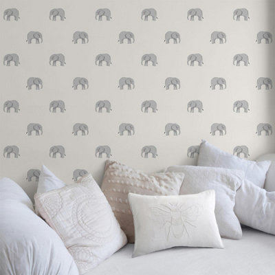 Sophie Allport Elephant Natural Straight Match Wallpaper from B&Q