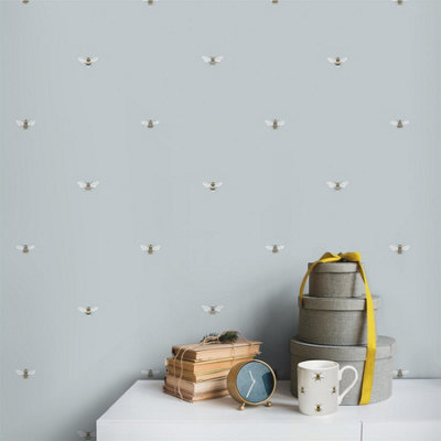 Sophie Allport Bees Duck Egg Straight Match Wallpaper from B&Q