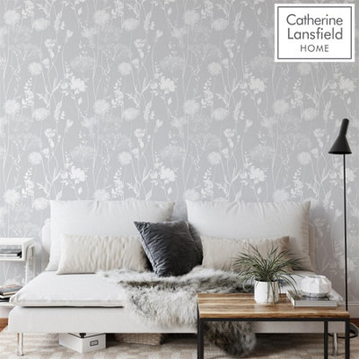 B&Q -  Meadowsweet Floral Grey Straight Match Wallpaper