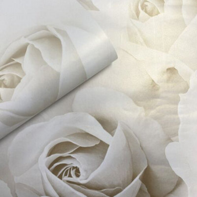 B&Q -  Rhoda Rose Cream White Metallic Floral Luxury Wallpaper 203502