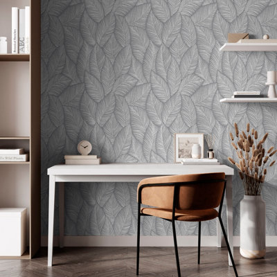 Muriva Denver Leaf (Grey) Vinyl Wallpaper from B&Q