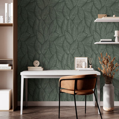 Muriva Denver Leaf Green Vinyl Wallpaper from B&Q