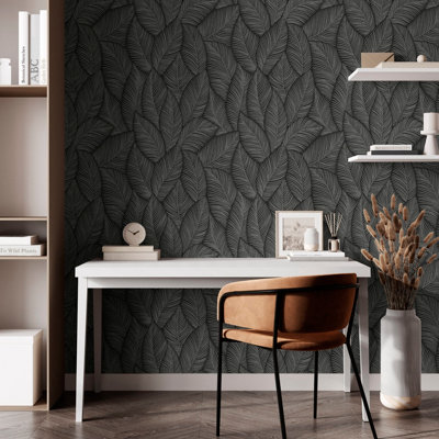 Muriva Denver Leaf Charcoal Vinyl Wallpaper