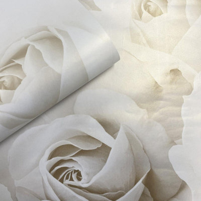 B&Q -  Rhoda Rose Cream Wallpaper Floral Metallic Shimmer Feature Wall