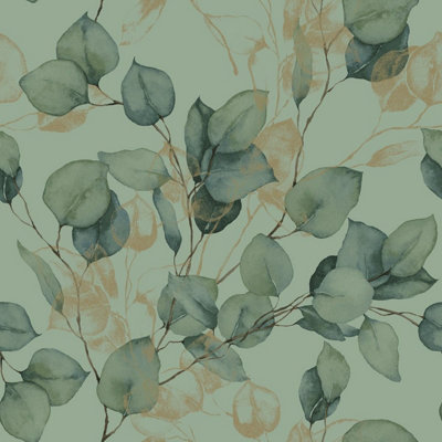  - Eucalyptus Leaves Wallpaper Sage Green / Gold World Of Wallpaper Af0035