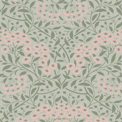 B&Q Green/Pink Botanical Damask Wallpaper Sage / World Of Wallpaper Af0037 32.9Ft B&Q