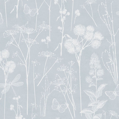 B&Q - Botanical Wallpaper Dusky Blue  Af0040