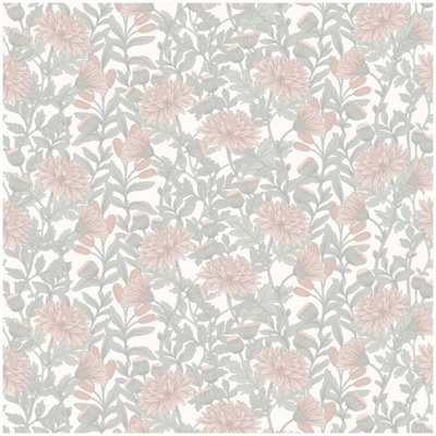 B&Q - Martha Floral Wallpaper Green Blush Pink Cream  Botanical Natural
