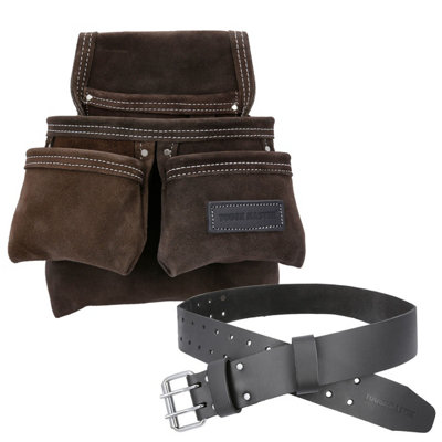 B&Q -  Leather Tool Pouch 4 Pockets With 1.4M Leather Belt For Tools And Small Parts