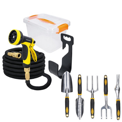 Smart Bundle Tough Master Premium Expandable Garden Hose 100Ft With Spray GunBrass Fittings &  5Pc Garden Hand Tools from B&Q