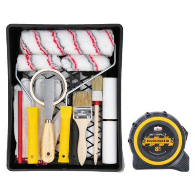 Tough Master Paint Brush Set Roller Set 17Pc With Rollers Brushes Tarpaulin Masking Tape Tray Gloves & 8M Tape Measure from B&Q